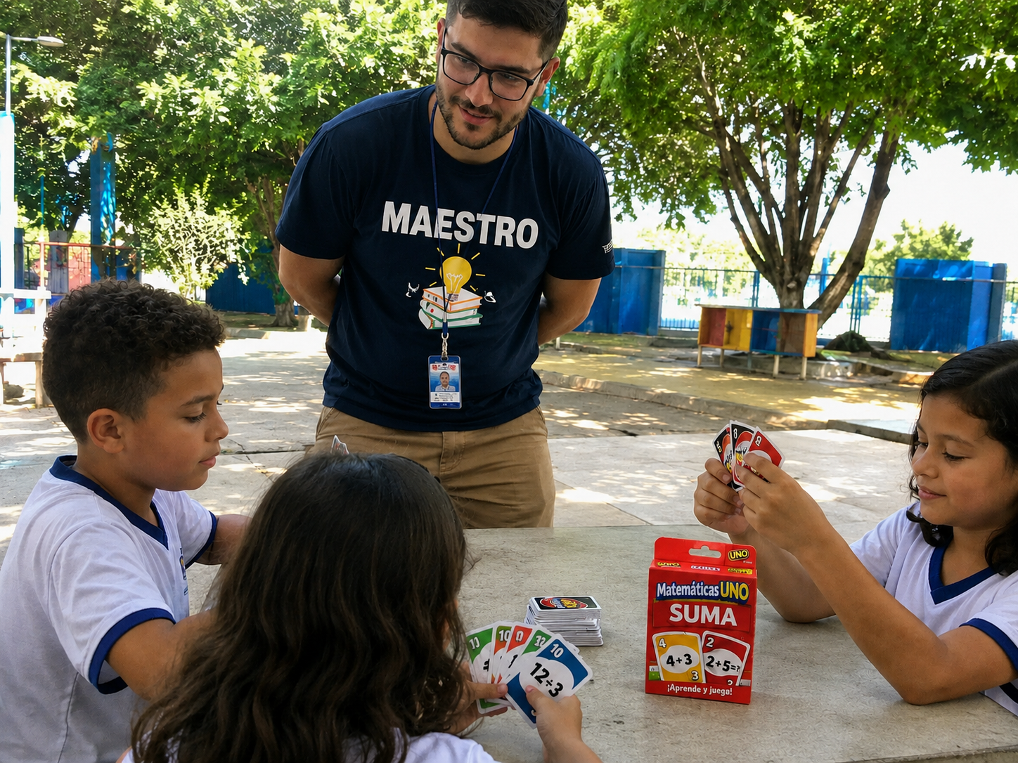 Maestro jugando Math UNO al aire libre con niños