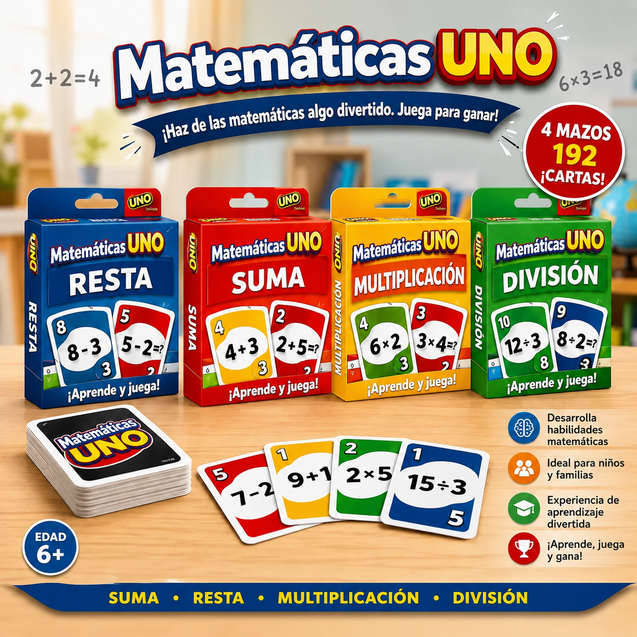 Pack Matemáticas UNO — 4 mazos, 192 cartas