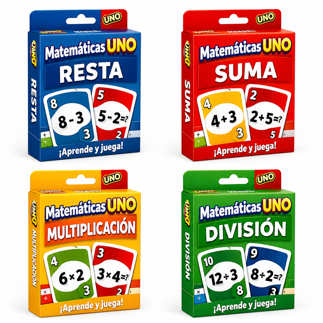 Cuatro cajas de operaciones matemáticas: suma, resta, multiplicación y división